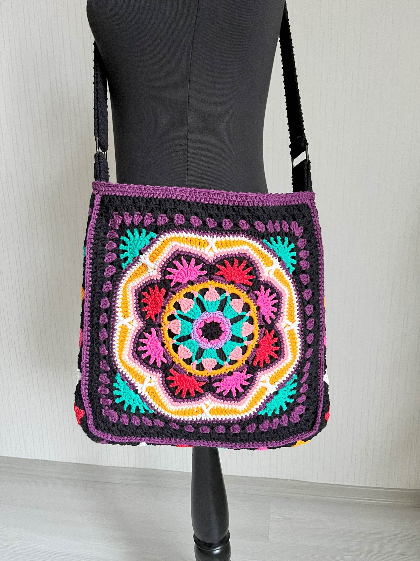 Crochet Crossbody Bag: Black Mandala Patchwork, Boho Hippie Style
