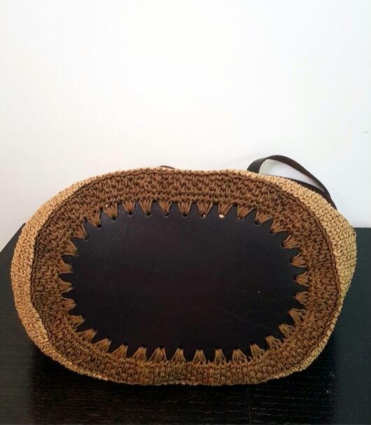 Boho Raffia Crochet Tote Bag, Handmade Summer Beach Purse with Leather Handles