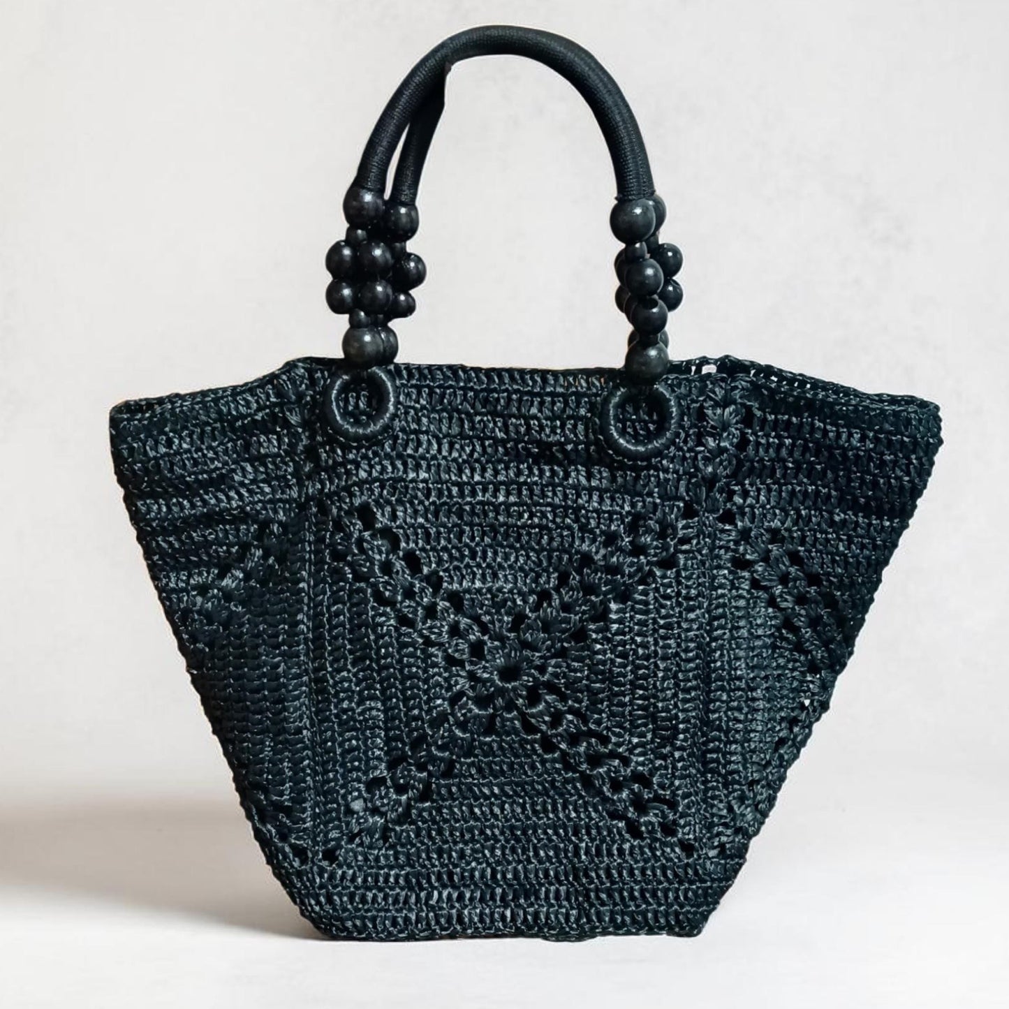 Handmade raffia tote bag, crochet large straw beach bag, summer woven handbag, black shoulder bag, big market bag for women, gift for her