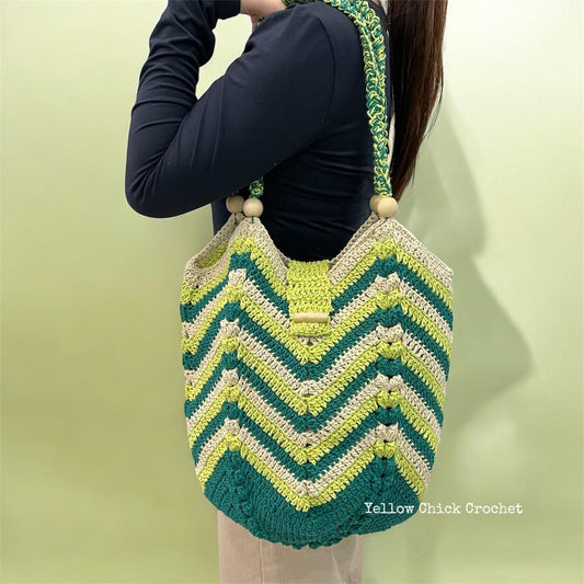 Handmade Crochet Tote Bag, Green Chevron Beach Shoulder Bag, Supermarket Tote Bag, Travel Bag, Mother's Day Gift, Easter Gift