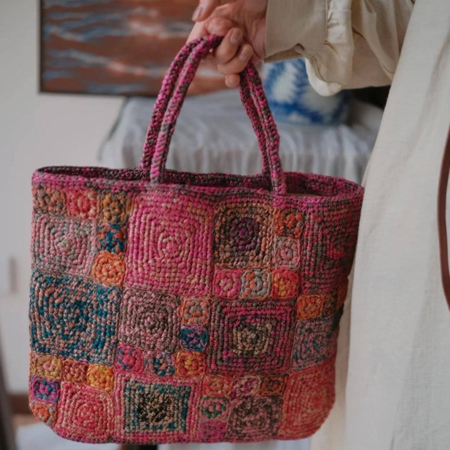 One-of-a-Kind Raffia Crochet Bag, Heavy-Duty Handwoven Tote with Magnetic Closure, Bohemian Summer Shoulder Bag, Gift for her