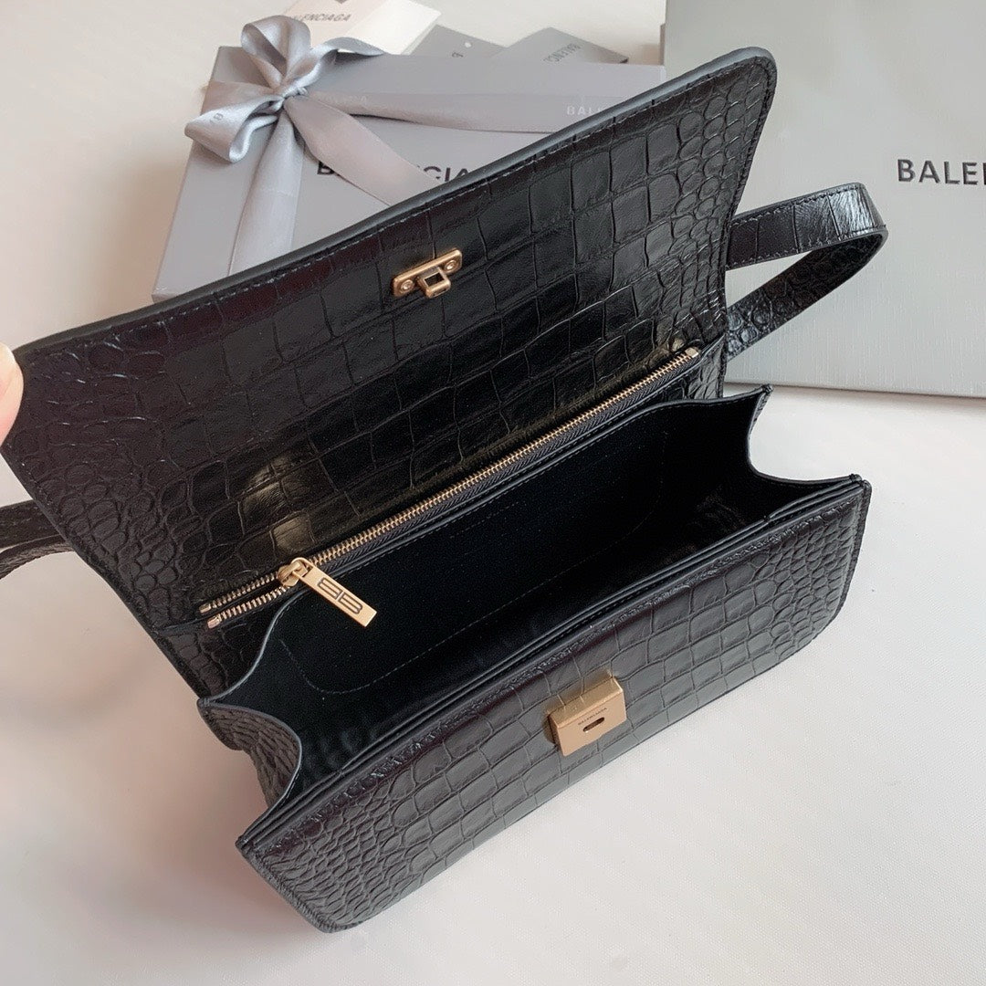 Balenciaga Gossip Small Bag Crocodile Embossed in Black Gold Hardware 23 x 12.4 x 10.4cm