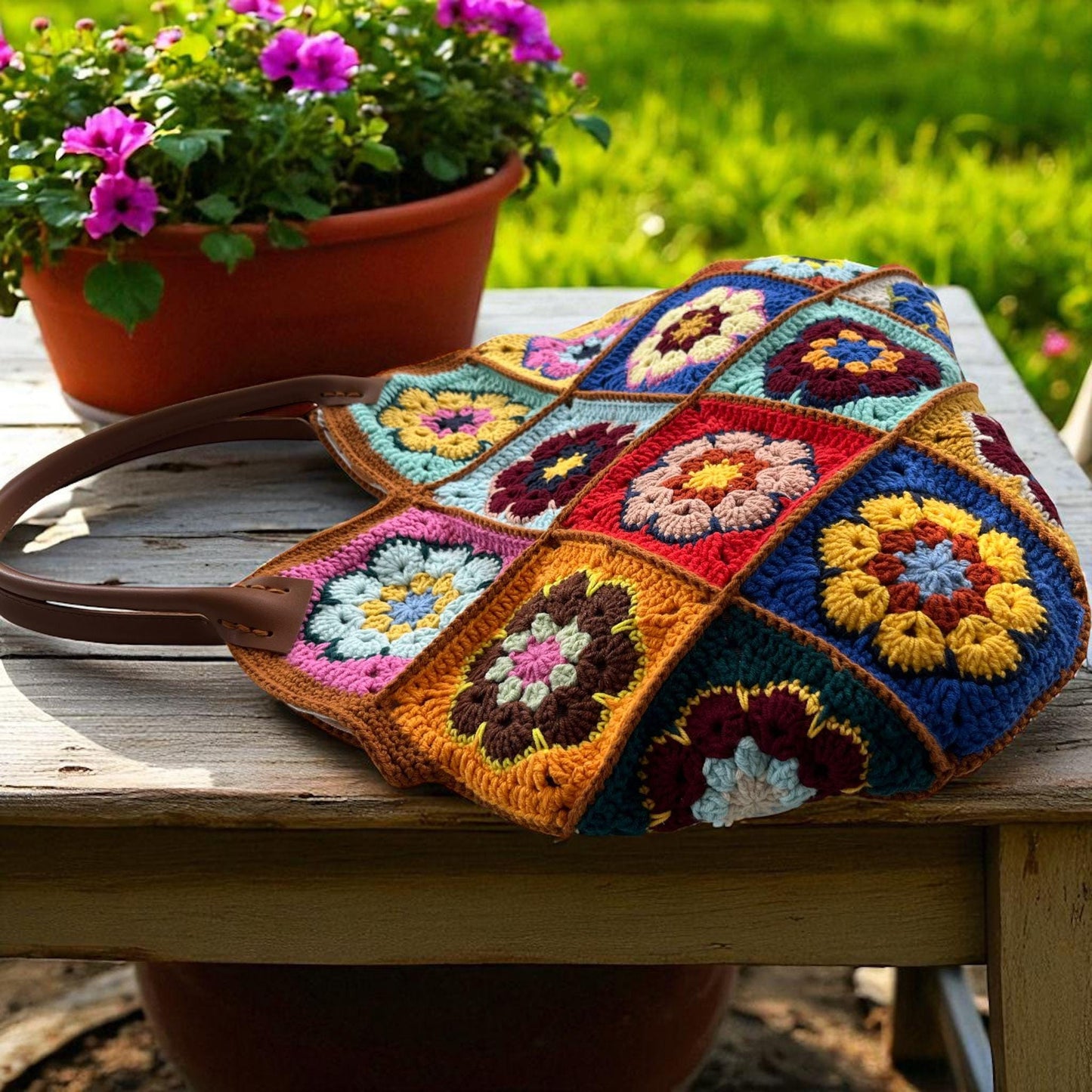 Colorful Crochet Granny Square Bag: Leather Handle Handmade Purse