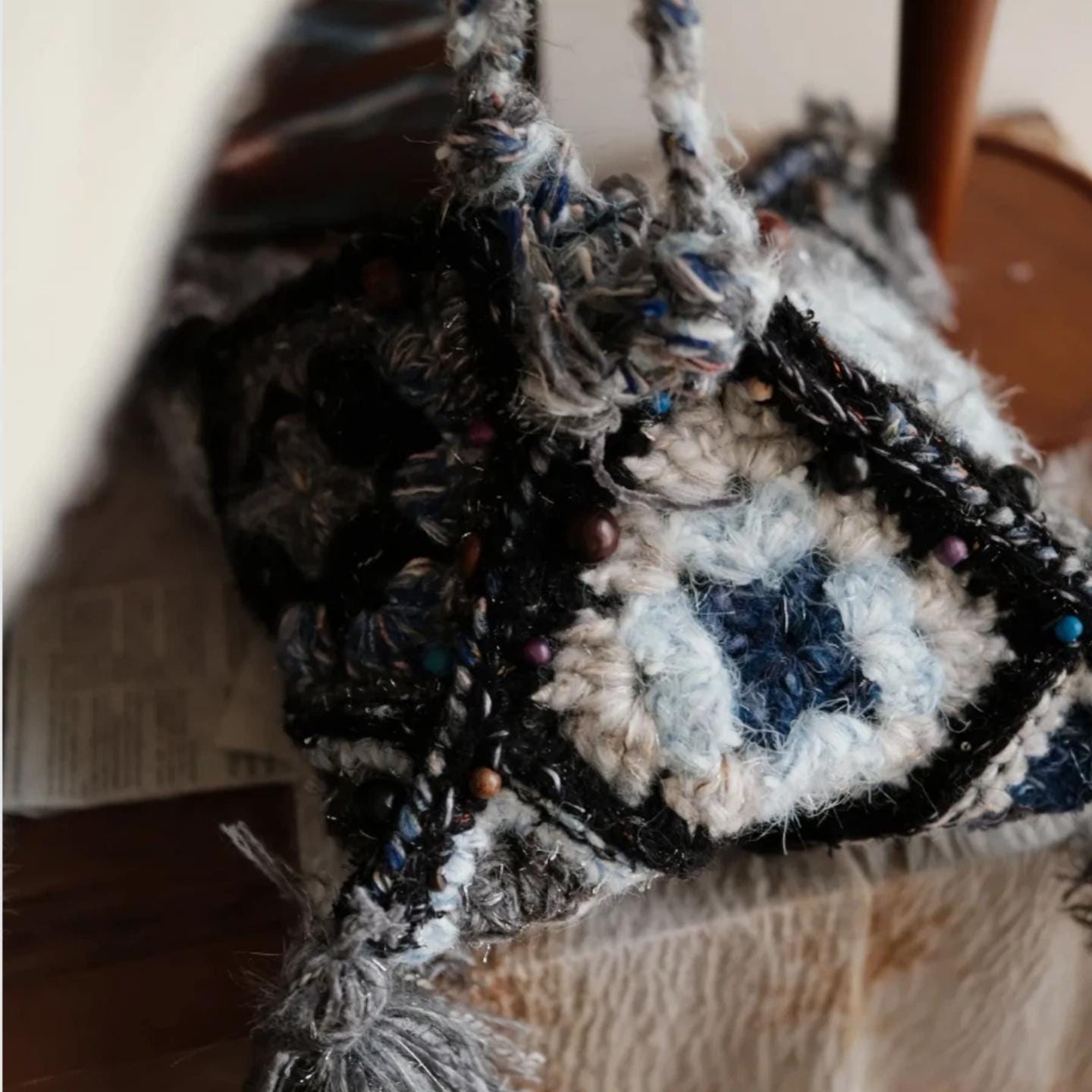 Handmade Boho Dumpling Bag, Colorful Textured Crochet Purse, Chunky Granny Square Tote with Tassels, Artisan Gift for Her