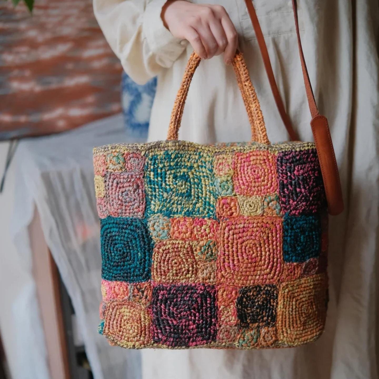 One-of-a-Kind Raffia Crochet Bag, Heavy-Duty Handwoven Tote with Magnetic Closure, Bohemian Summer Shoulder Bag, Gift for her