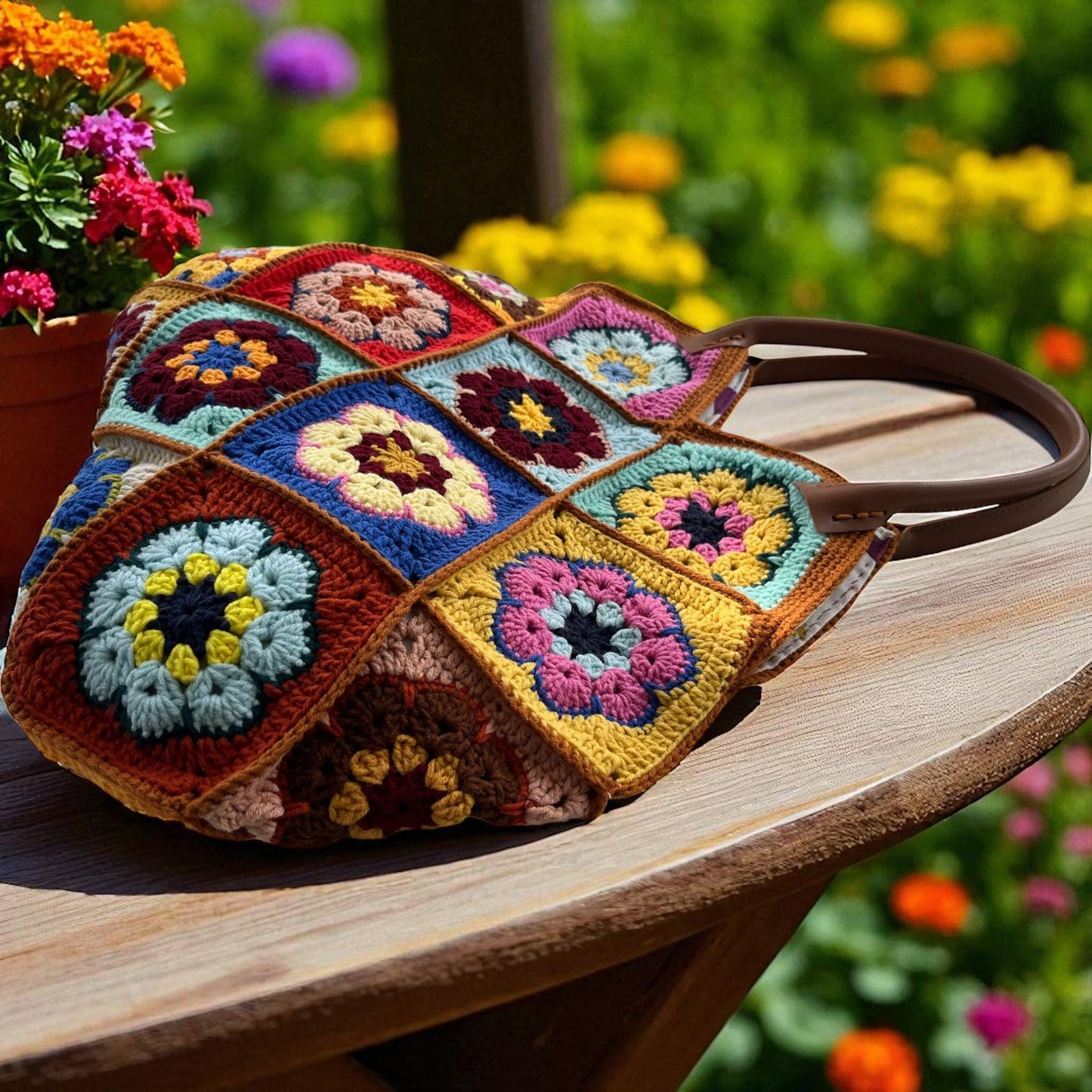 Colorful Crochet Granny Square Bag: Leather Handle Handmade Purse
