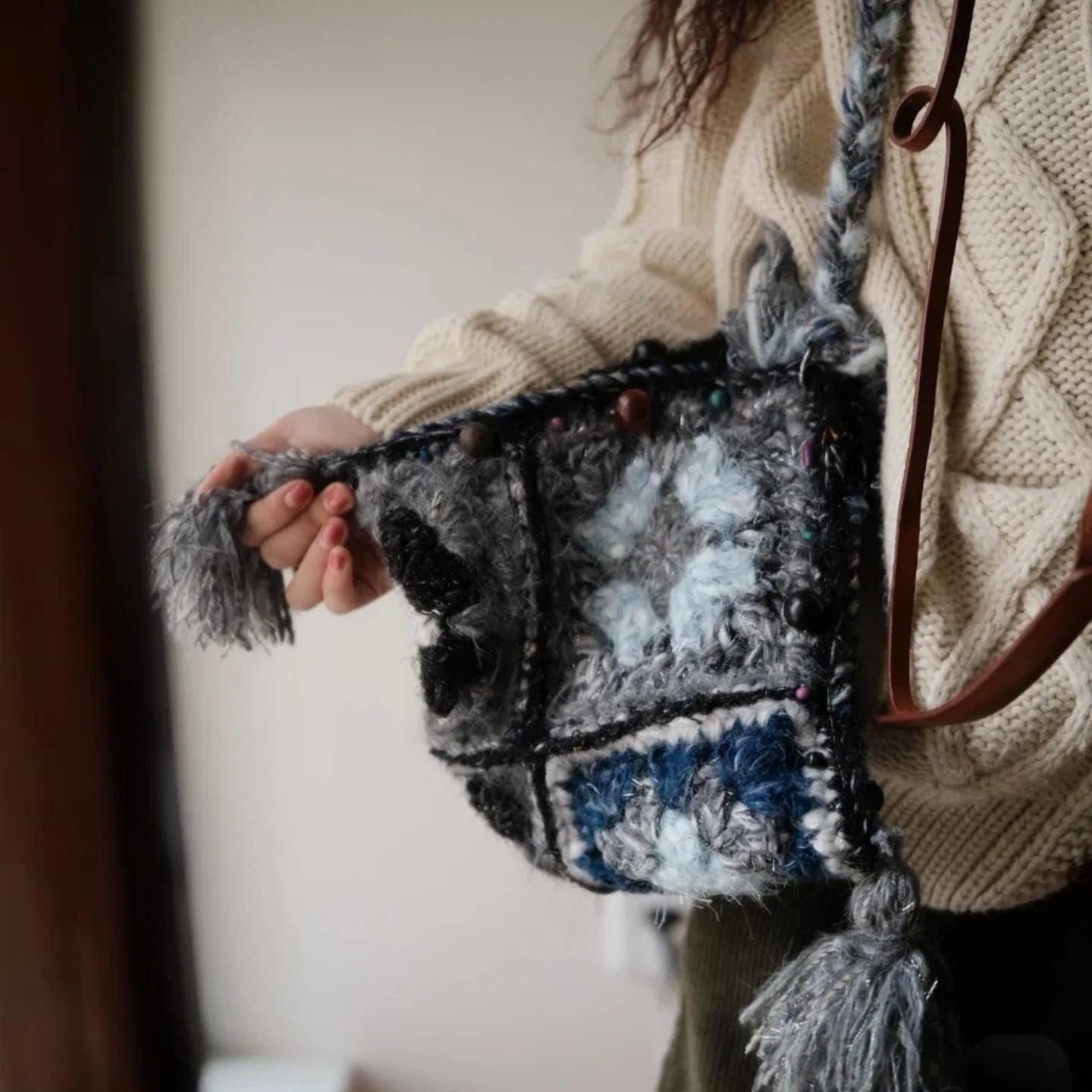 One-of-a-Kind Crochet Pyramid Bag, Hand-Blended Yarn Granny Square Tote, Boho Tassel Shoulder Bag, Unique Wearable Fiber Art Gift