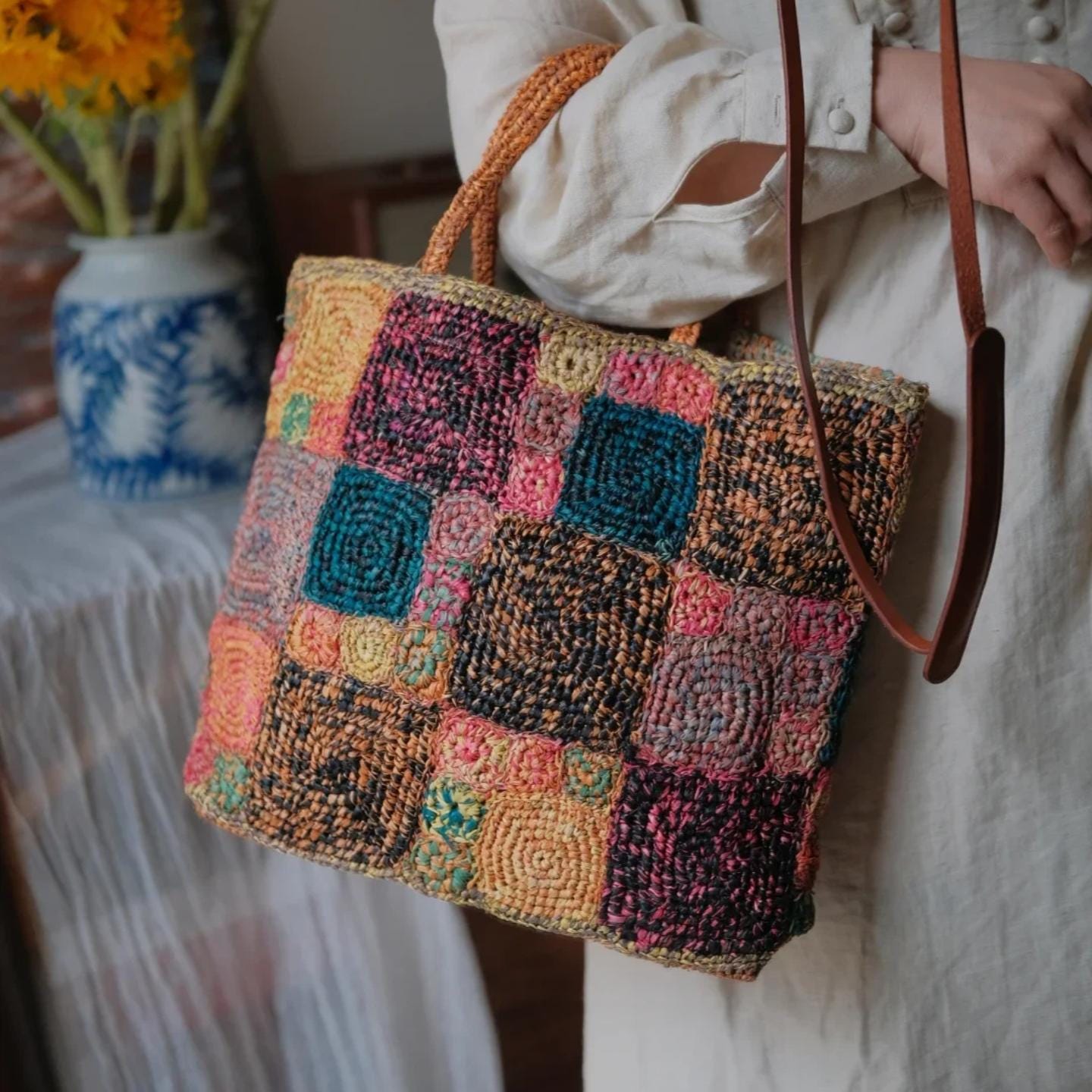 Handmade Crochet Raffia Tote Bag, Colorful Patchwork Boho Purse with Cotton Lining, Unique Artisan Beach Bag for Women,Gift for her