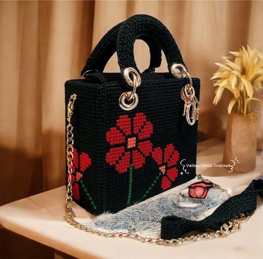 Rose Crochet Handbag, Black Box Bag with Red Rose, luxury bag, Rose bag, Mother's Day gift, elegent handmade bag
