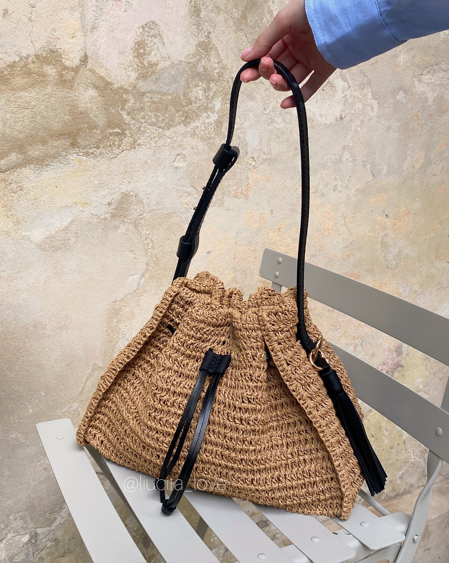 Handmade Raffia Handbag, Luxury Crochet Bucket Bag, Twisted Raffia Stylish Summer Bag, Handicraft Straw Handbag Leather Strap Boho Straw Bag