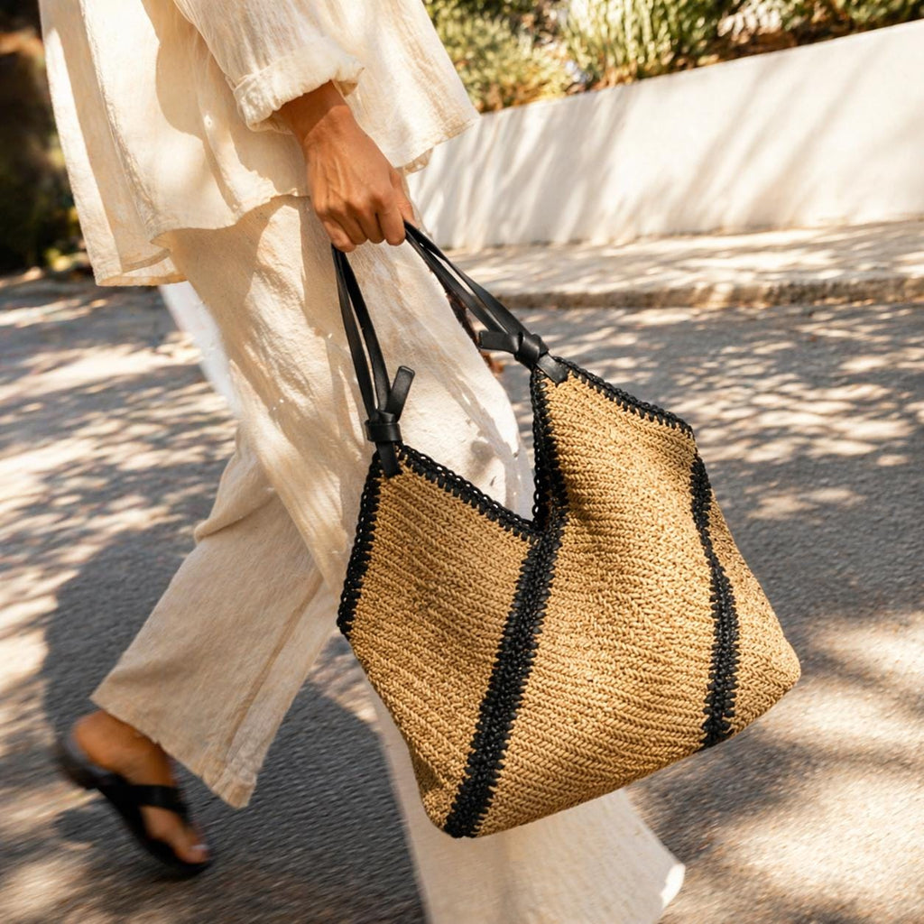 Woven Straw Tote, V-Shape Geometric Raffia Beach Bag, Boho Shoulder