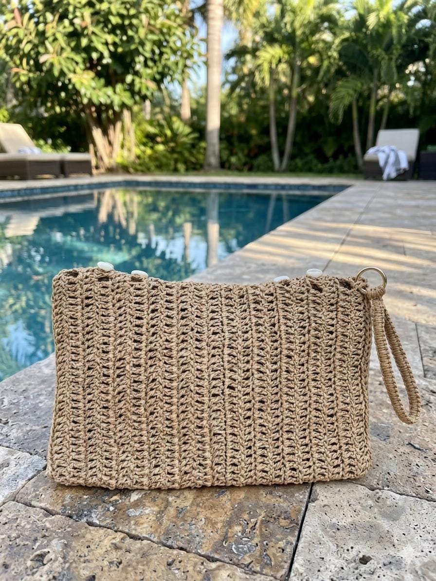Crochet Sea Shell Clutch: Handmade Raffia Bag with Cotton Lining