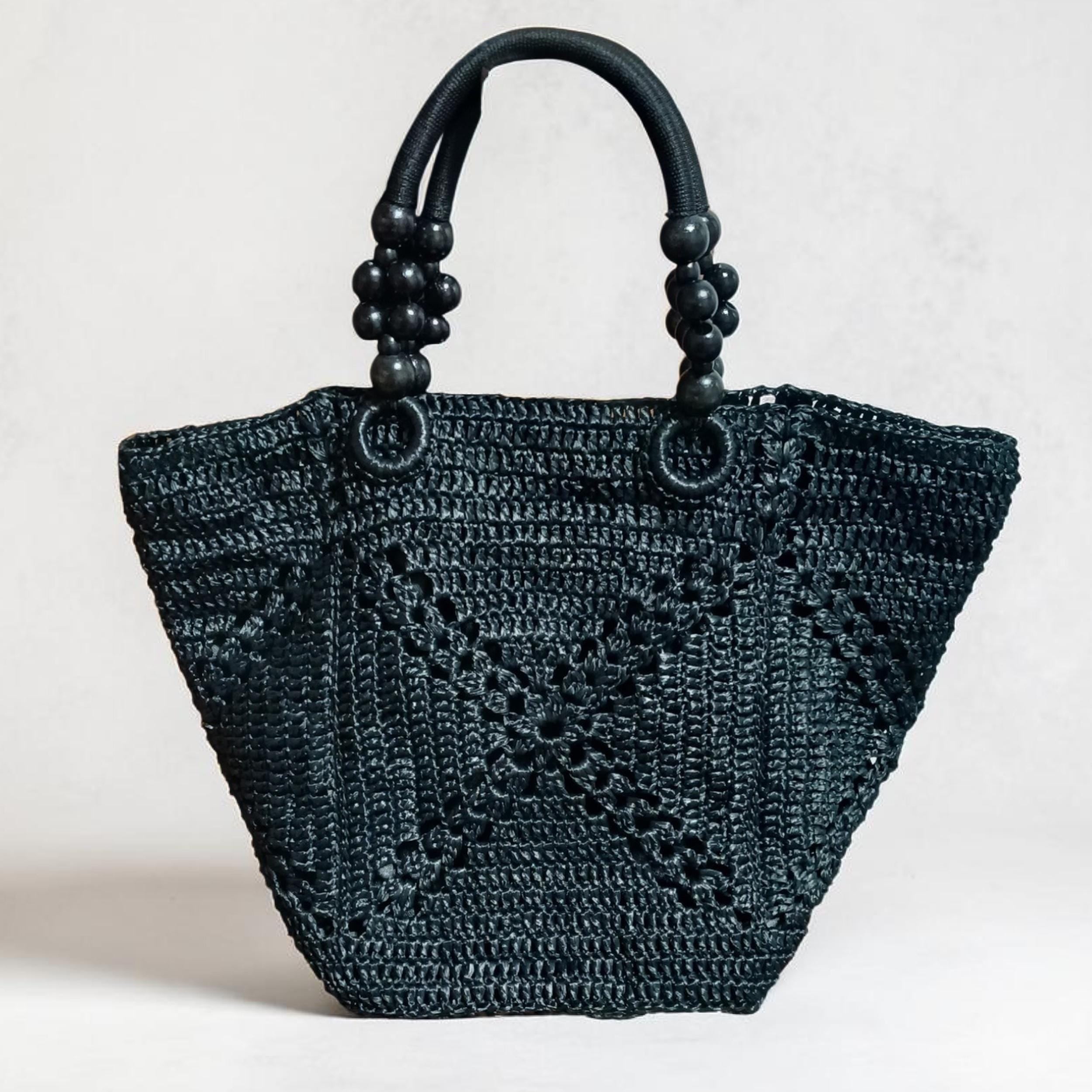 Handmade raffia tote bag, crochet large straw beach bag, summer woven handbag, black shoulder bag, big market bag for women, gift for her