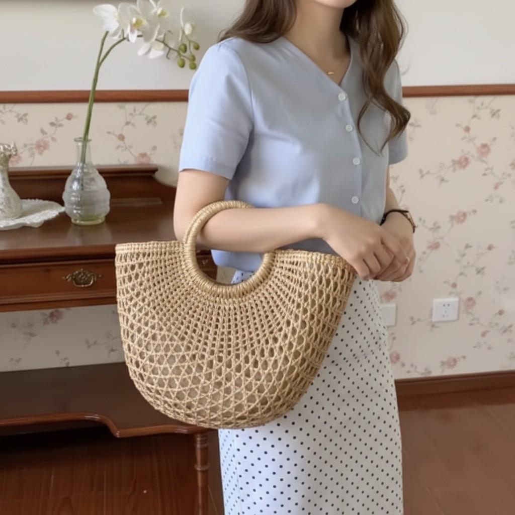 Luxury Hollow Raffia Straw Tote Bag for Women – Designer Woven Summer Beach Shoulder Handbag