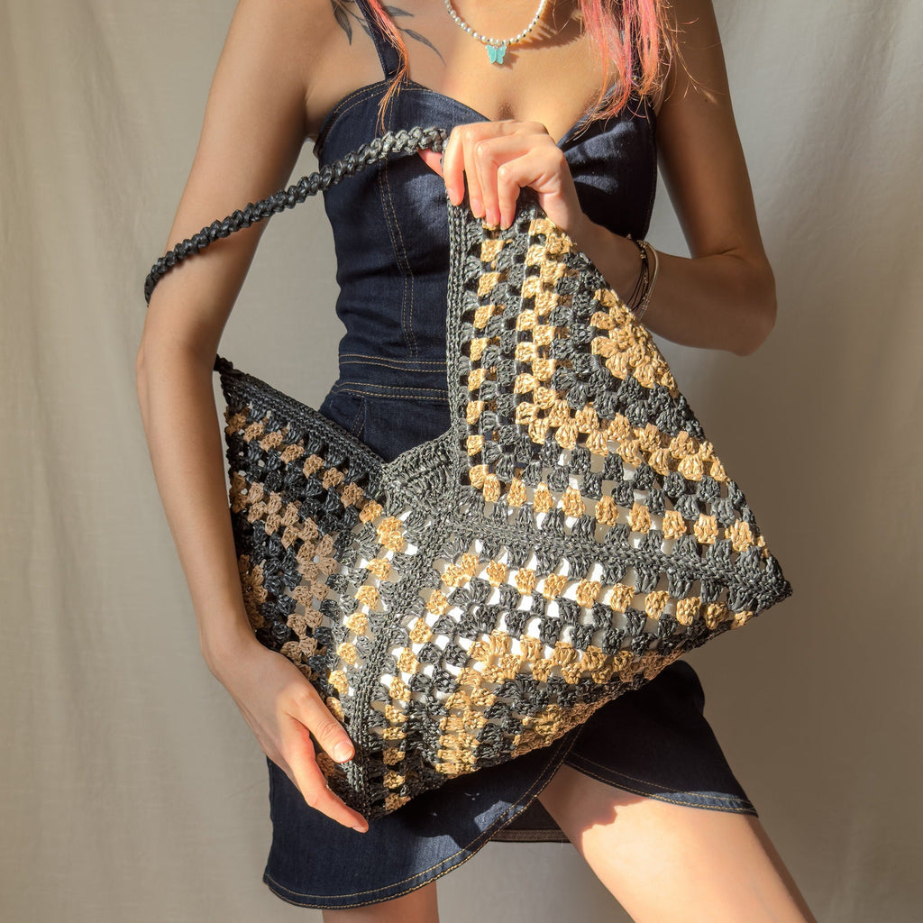 Crochet Raffia Tote Bag, Handcrafted Granny Square Bag, Summer Mesh Straw Bag, Boho Beach &amp; Everyday Use, Handmade Gift for Vegans