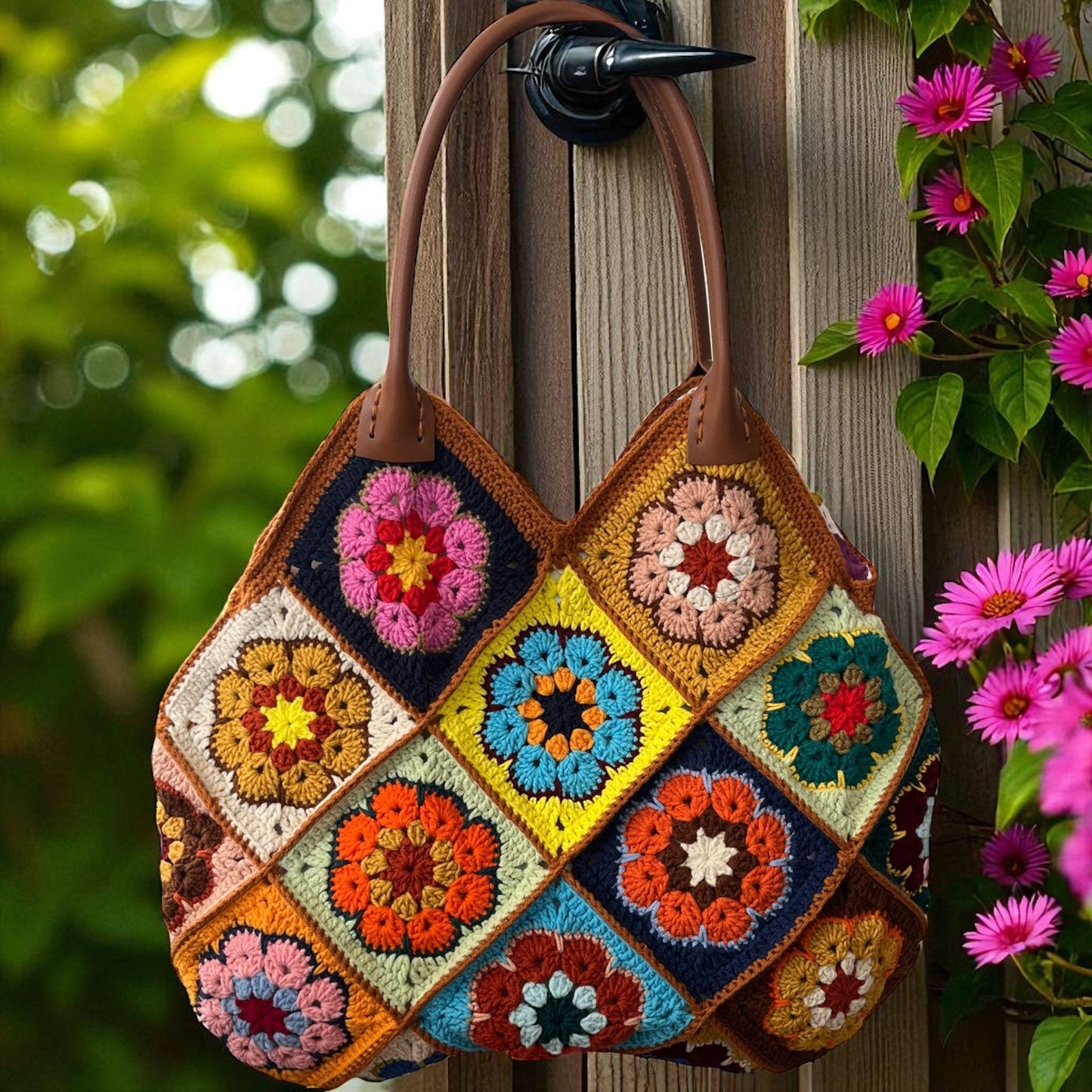 Colorful Crochet Granny Square Bag: Leather Handle Handmade Purse