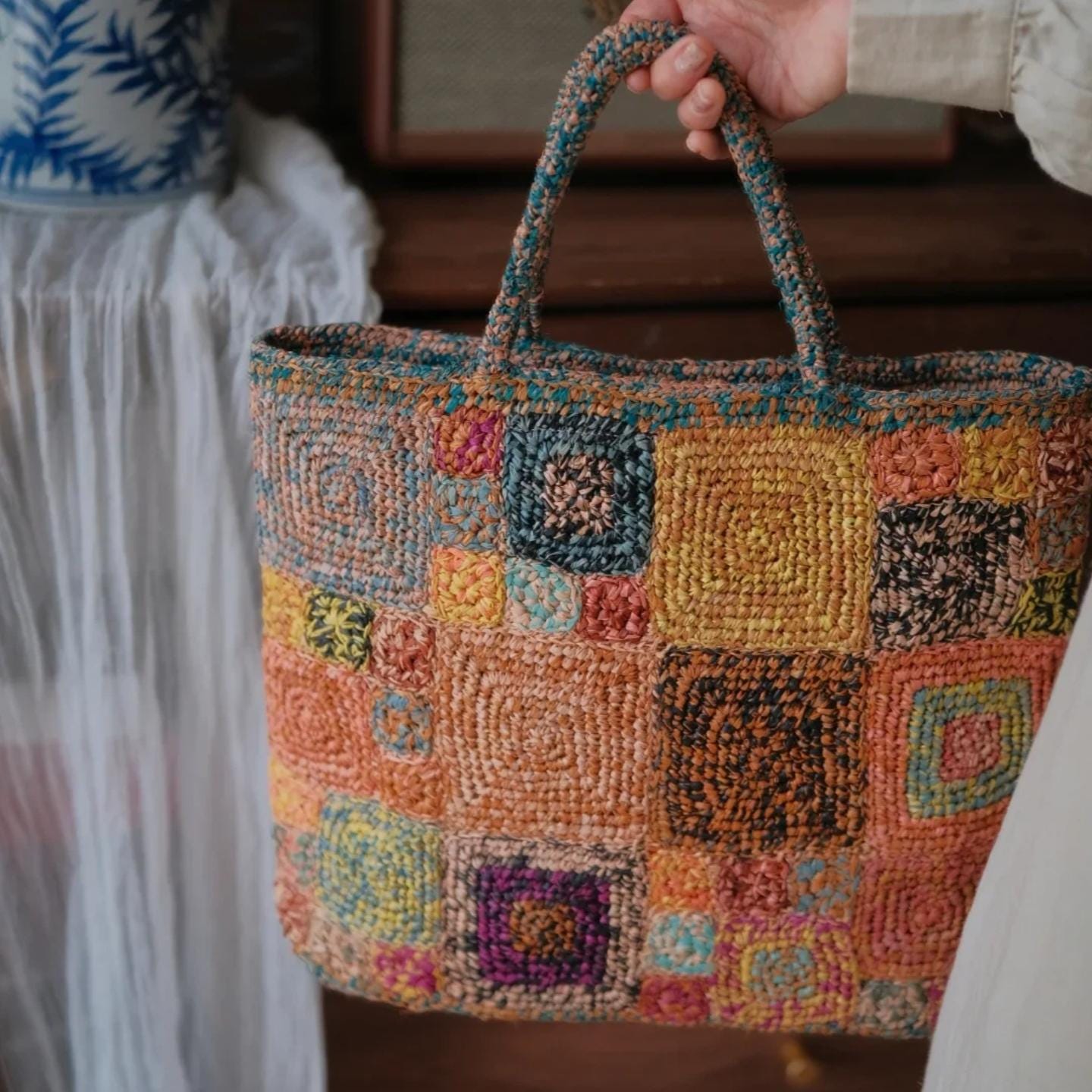 Handmade Boho Chic Raffia Handbag, Colorful Crochet Tote Bag, Woven Beach Bag with Magnetic Snap, Perfect for Vacation, Gift for Her
