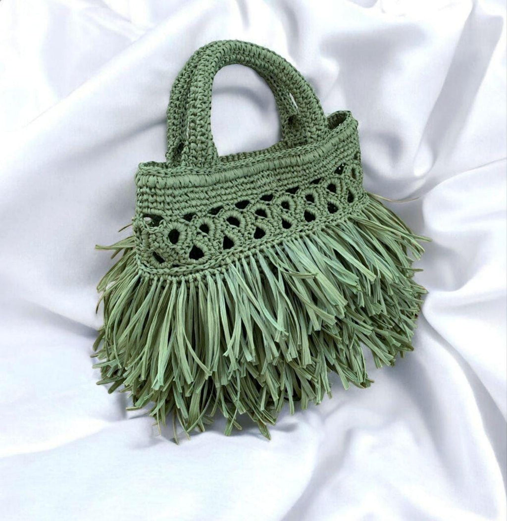 Raffia fringe bag, boho-style crocheted handbag, summer evening bag, woven handbag, women's festival bag, green tote bag as a gift