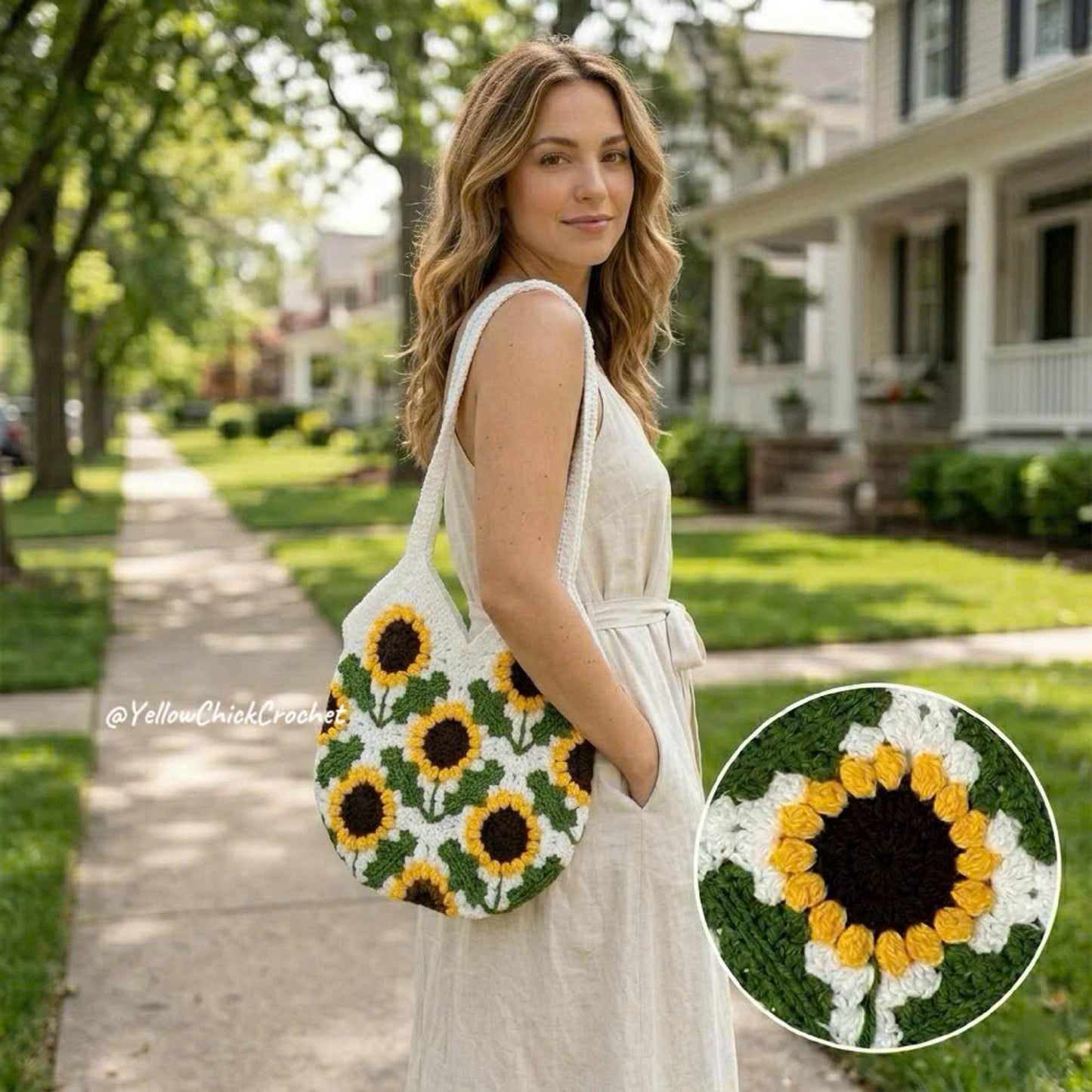 Sunflower Crochet Tote Bag, Handmade Floral Shoulder Bag with Lining, Boho Flower Purse, Mother's Day Gift for Mom, Summer Spring Accessory