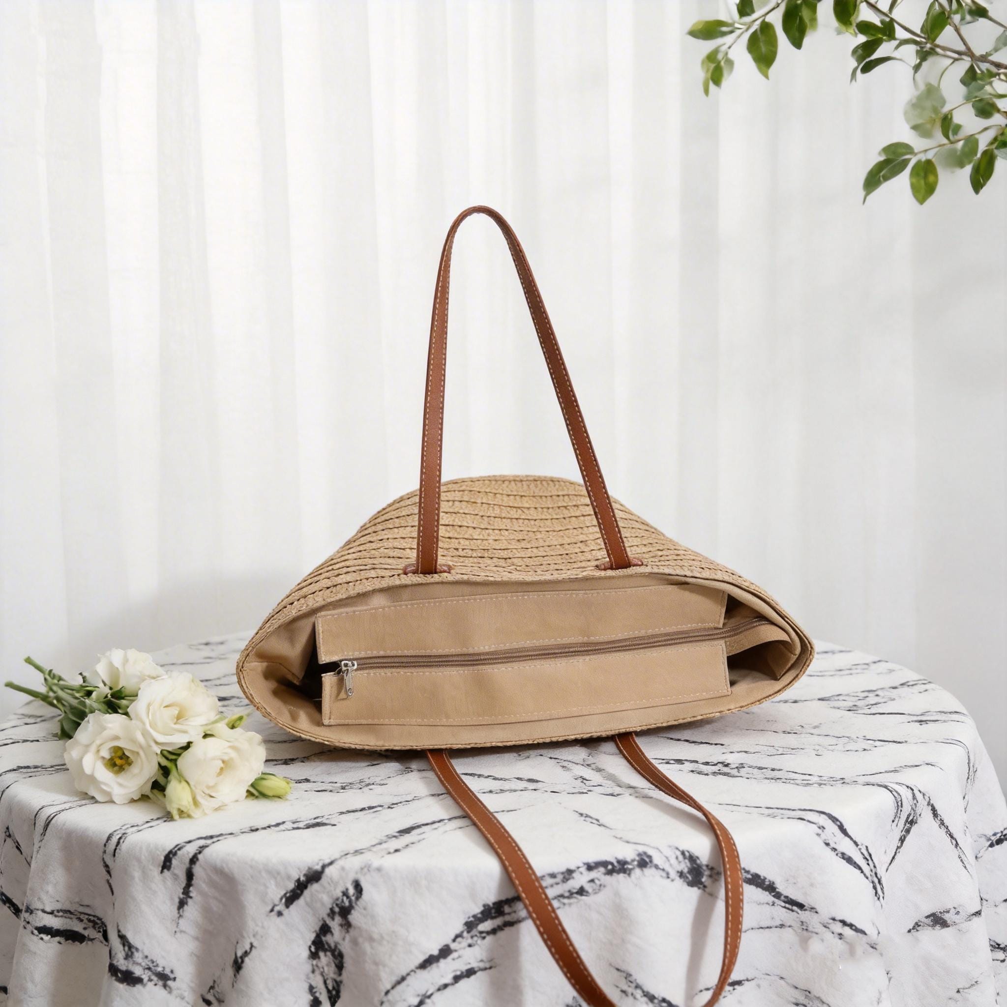 Handmade Straw Bag with Leather Handles | Summer Raffia Tote Hand Bag | Beach Vacation Purse