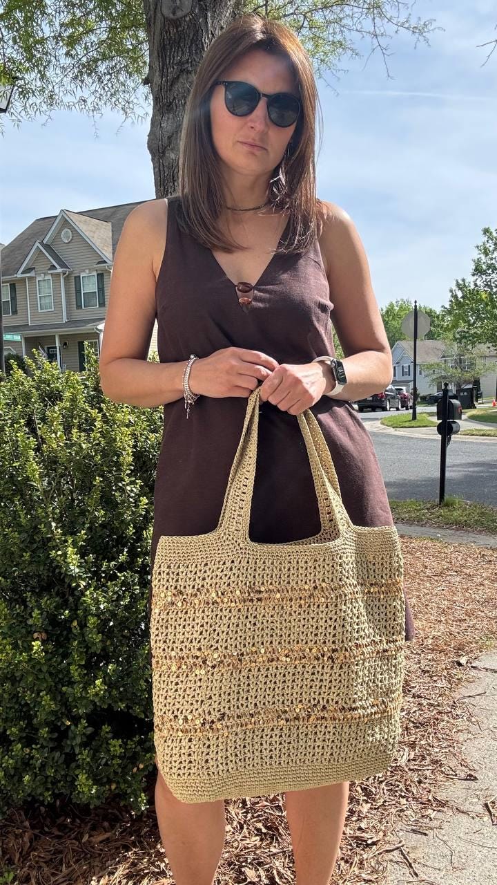 Handmade Raffia Crochet Tote Bag with Sequins, Boho Beach Accessory