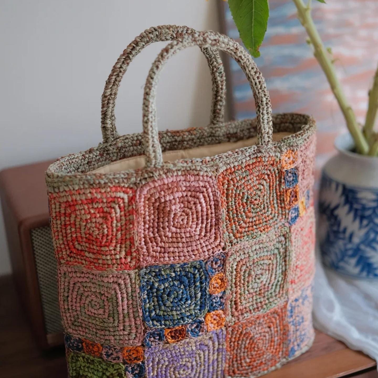 Handmade Crochet Raffia Tote Bag, Colorful Patchwork Boho Purse with Cotton Lining, Unique Artisan Beach Bag for Women,Gift for her
