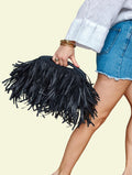 Black Raffia Fringe Clutch, Boho Top Handle Purse, Handmade Woven Handbag, Personalized Color Summer Bag, Statement Wedding Accessory
