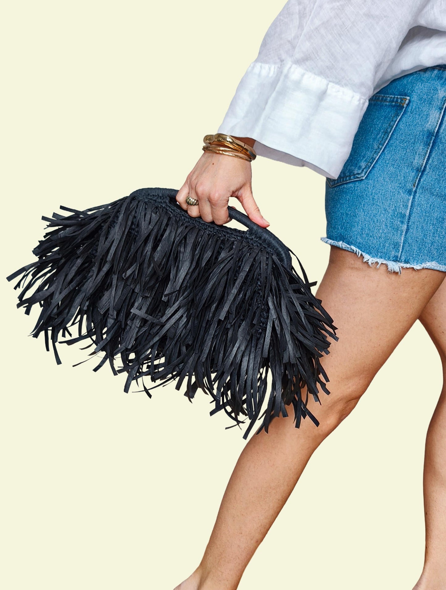 Black Raffia Fringe Clutch, Boho Top Handle Purse, Handmade Woven Handbag, Personalized Color Summer Bag, Statement Wedding Accessory