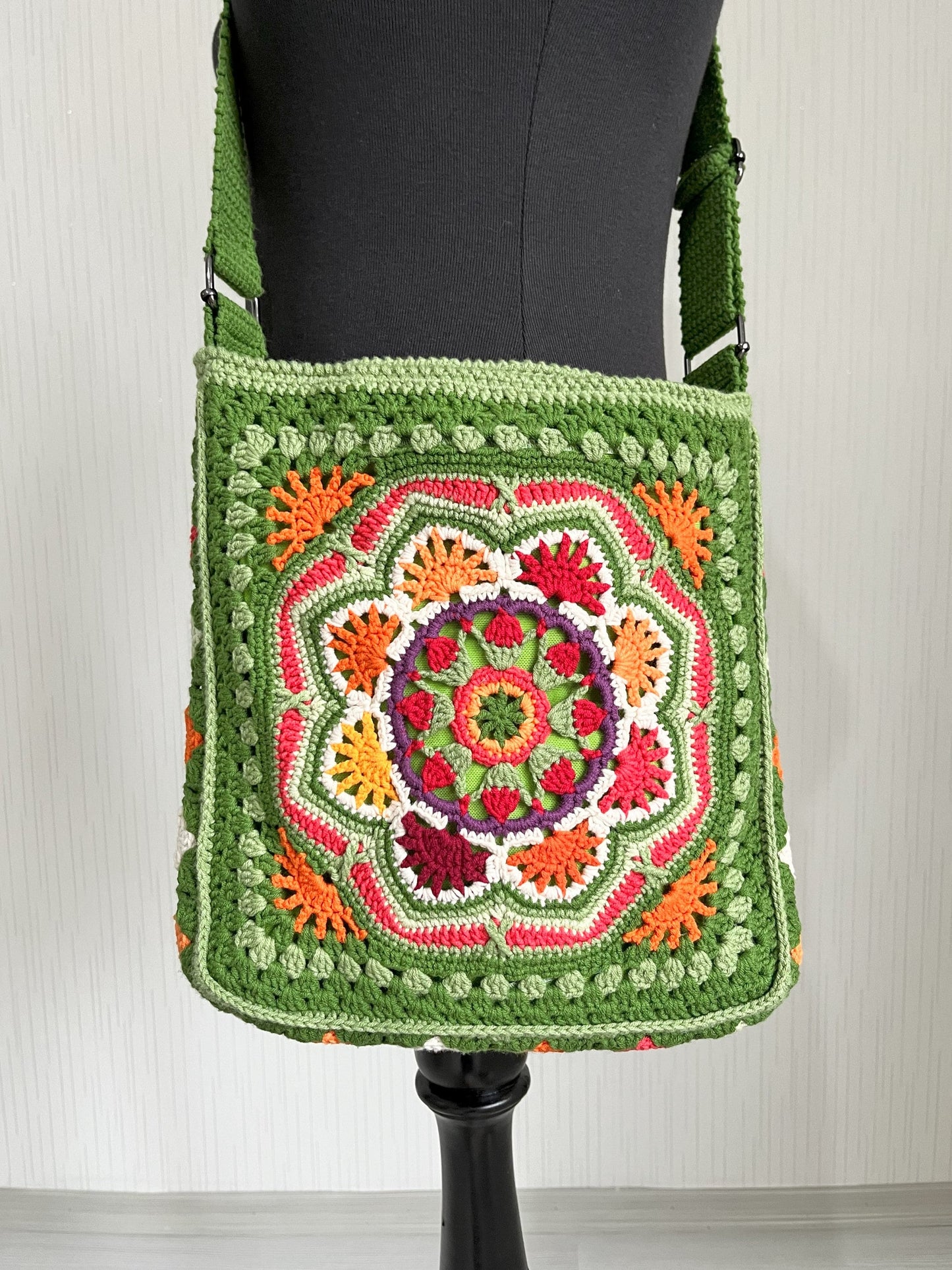 Crochet Crossbody Bag: Black Mandala Patchwork, Boho Hippie Style