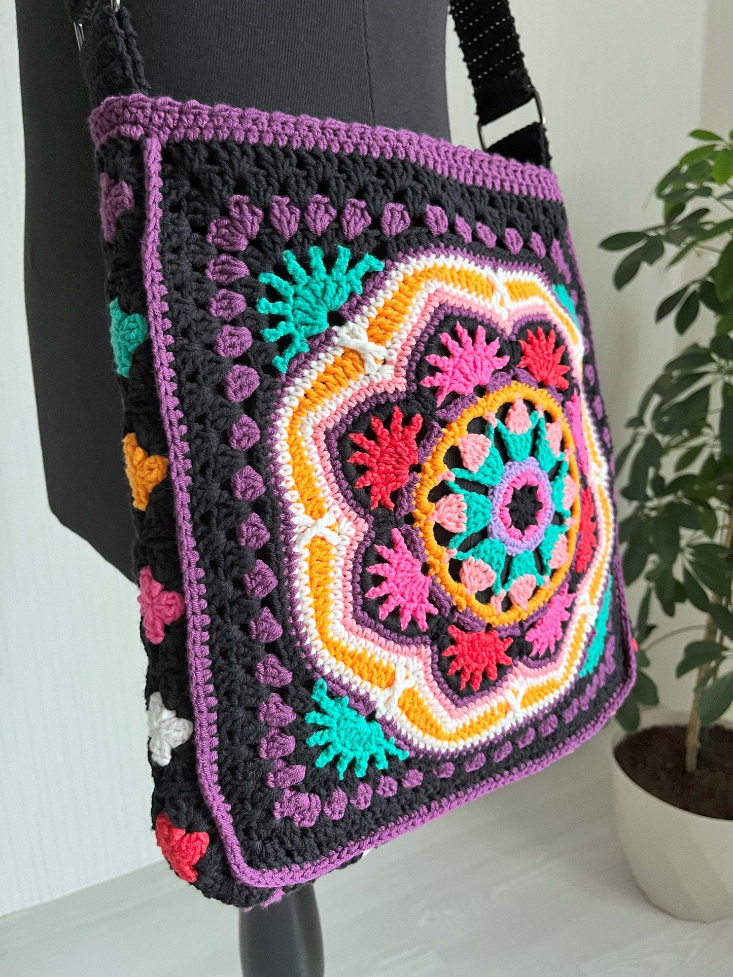 Crochet Crossbody Bag: Black Mandala Patchwork, Boho Hippie Style