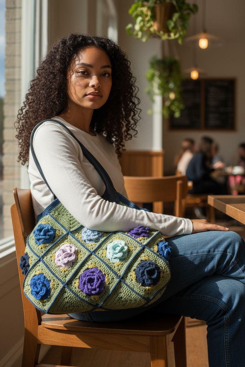 Handmade Crochet Granny Square Tote â€?3D Flower Pastel Boho Bag