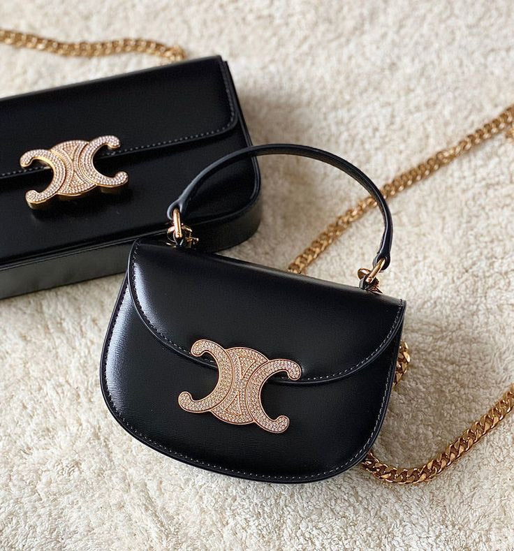 Celine Mini Chain Besace Clea in Shiny Calfskin Black 15.5 x 11.5 x 5cm