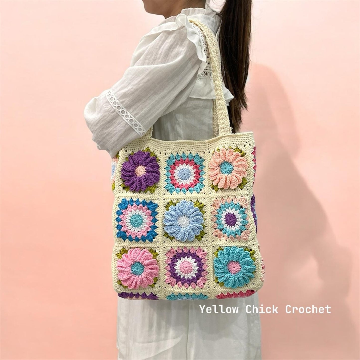 Floral Crochet Granny Square Tote,Unique Bloom Flower Bag,Handmade Tote Bag, Mother Day gift, Easter Gift, Travel Bag, Spring Accessory