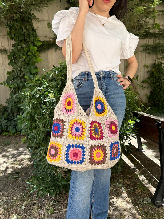 Crochet Granny Square Bag: Boho Patchwork Shoulder Bag, Handbags for Woman