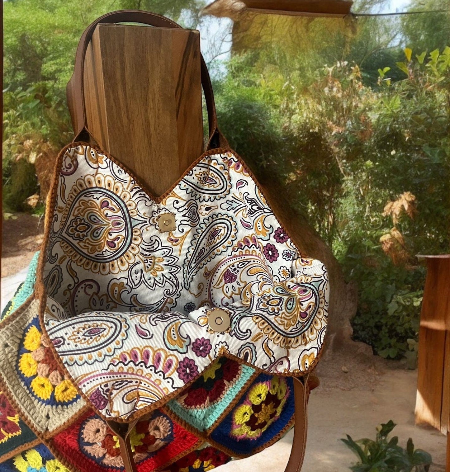 Colorful Crochet Granny Square Bag: Leather Handle Handmade Purse