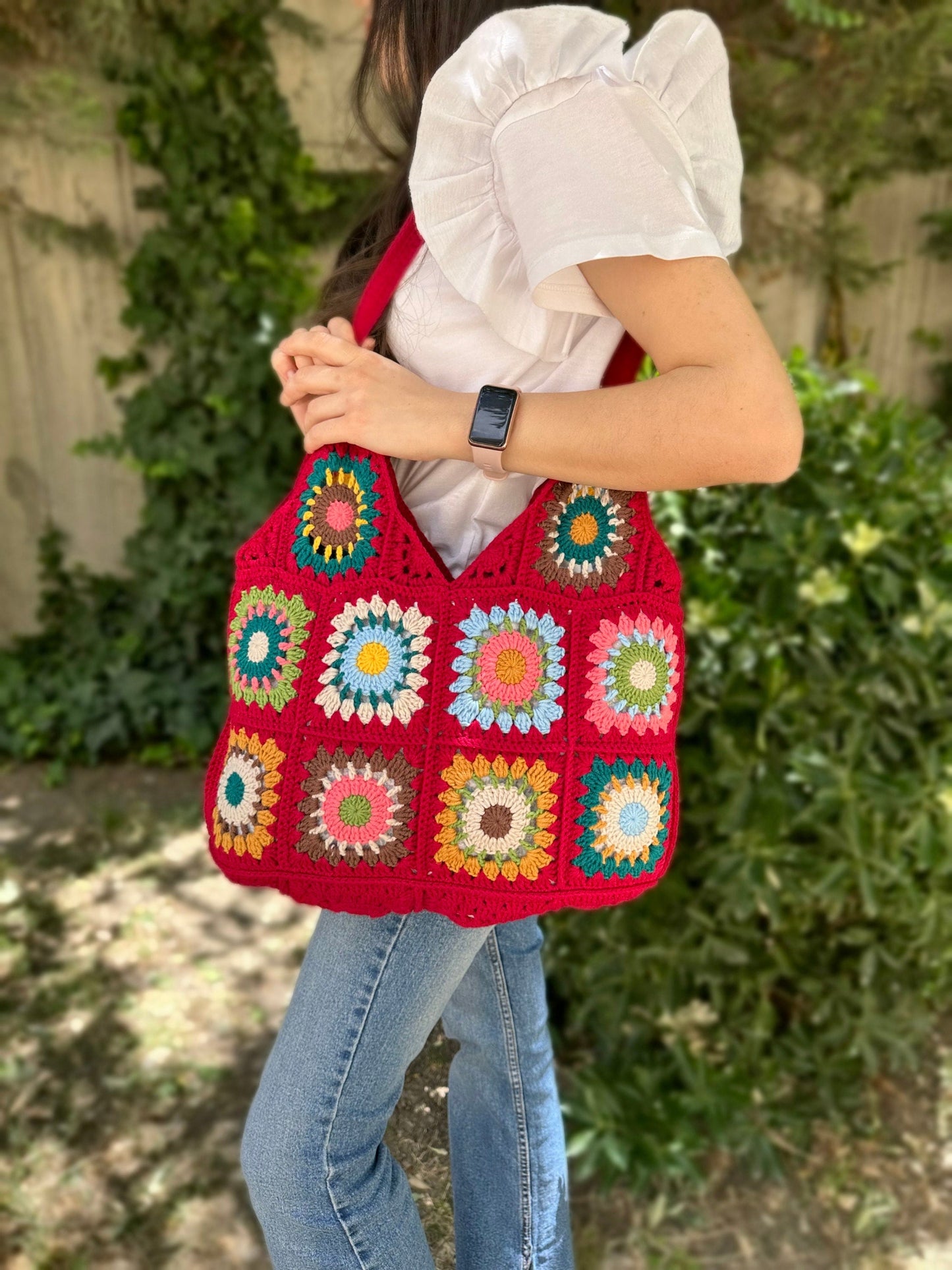 Crochet Granny Square Tote Bag: Red Boho Shoulder Bag, Handmade Hobo Bag