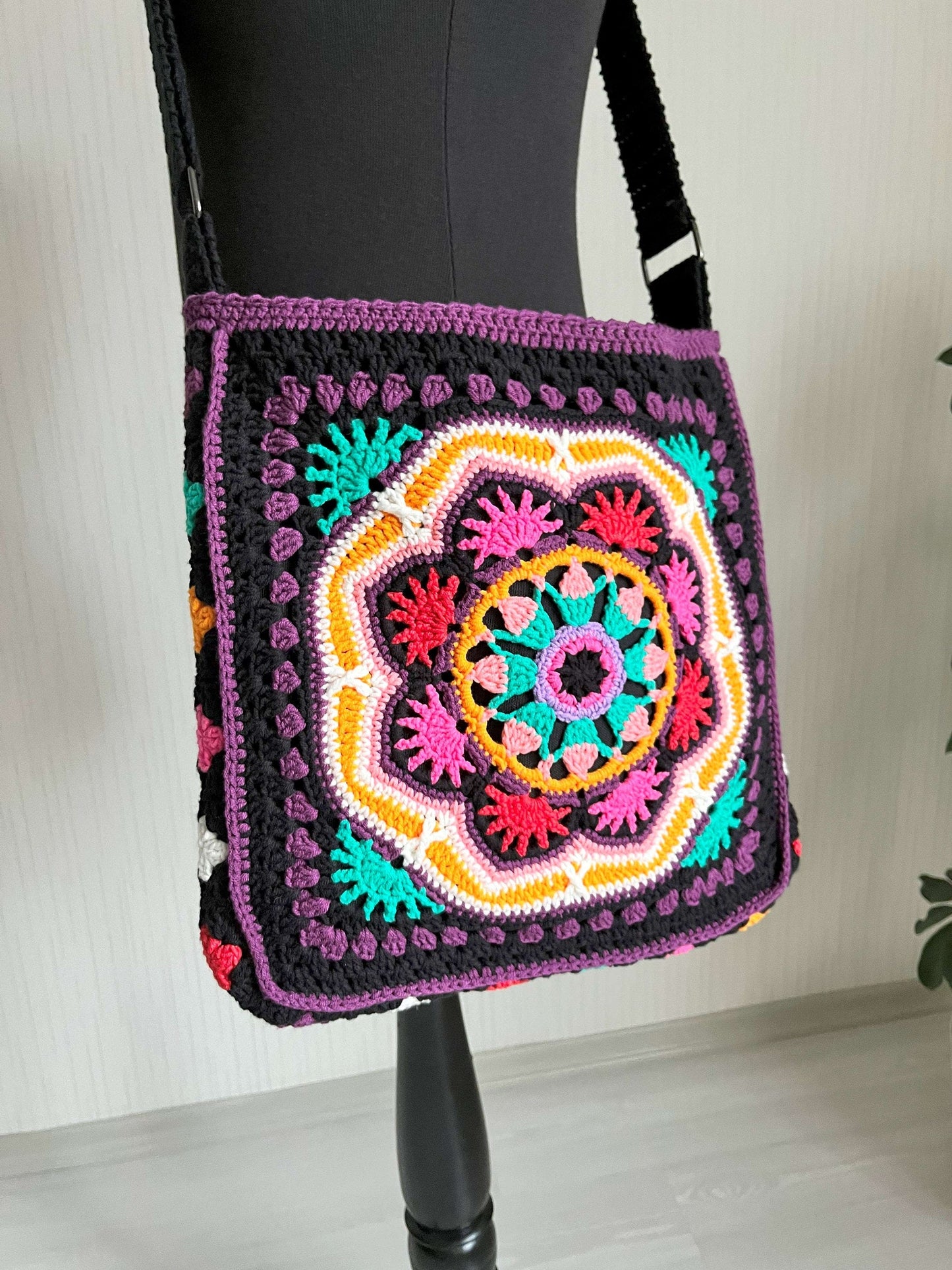 Crochet Crossbody Bag: Black Mandala Patchwork, Boho Hippie Style