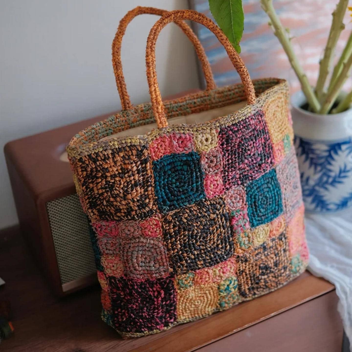 One-of-a-Kind Raffia Crochet Bag, Heavy-Duty Handwoven Tote with Magnetic Closure, Bohemian Summer Shoulder Bag, Gift for her