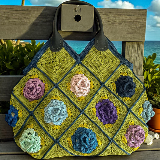 Handmade Crochet Granny Square Tote â€?3D Flower Pastel Boho Bag
