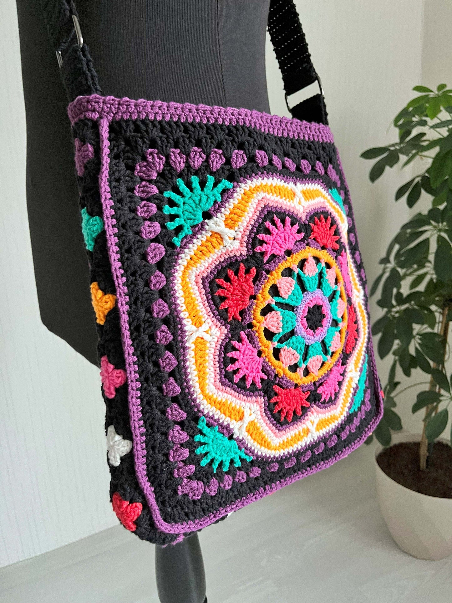 Crochet Crossbody Bag: Black Mandala Patchwork, Boho Hippie Style