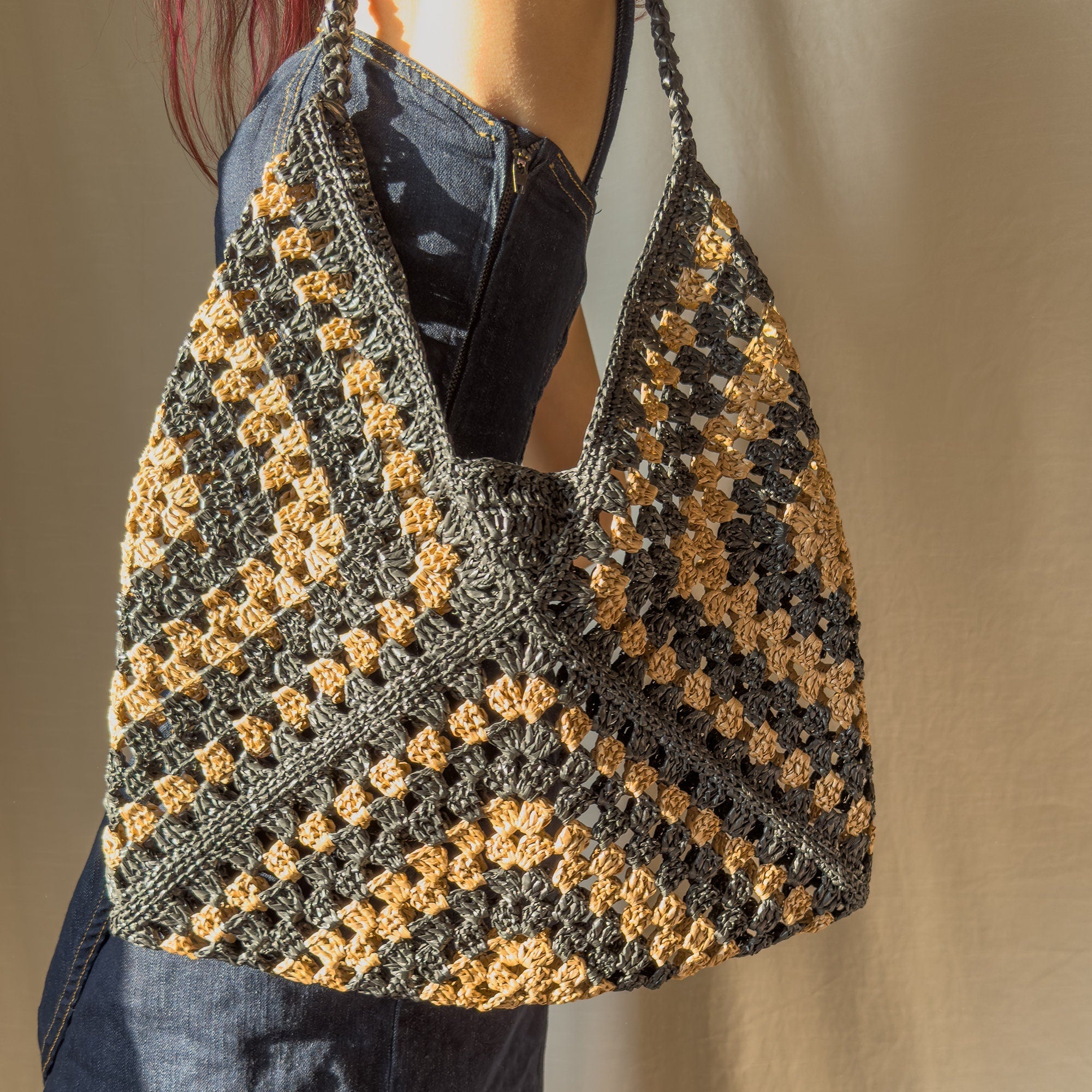 Crochet Raffia Tote Bag, Handcrafted Granny Square Bag, Summer Mesh Straw Bag, Boho Beach &amp; Everyday Use, Handmade Gift for Vegans