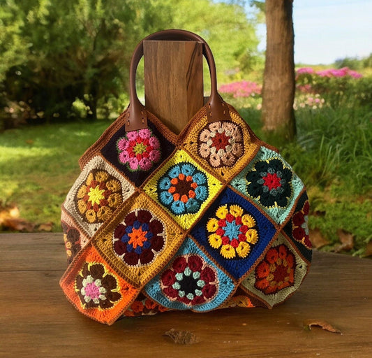 Colorful Crochet Granny Square Bag: Leather Handle Handmade Purse