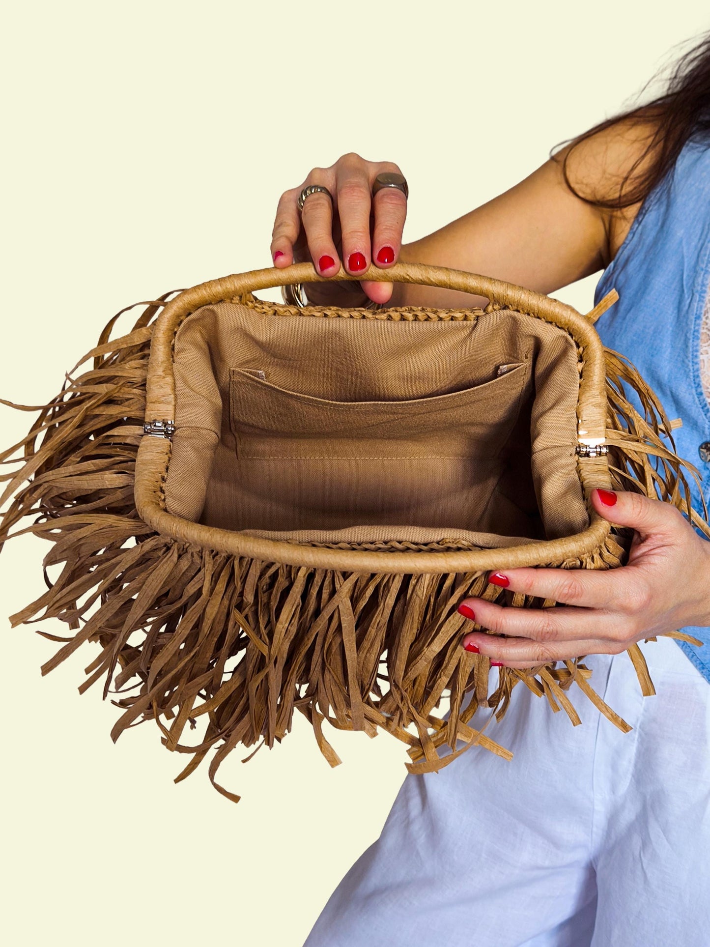 Black Raffia Fringe Clutch, Boho Top Handle Purse, Handmade Woven Handbag, Personalized Color Summer Bag, Statement Wedding Accessory