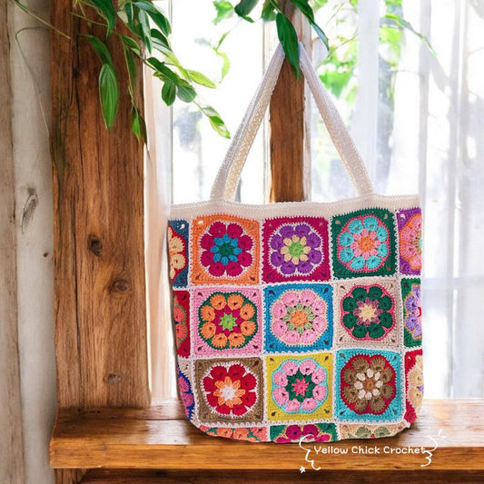 Granny square crochet bag, Africa flower summer bag, Big tote bag, handmade bag, Crochet shoulder bag,Birthday gift, valentine gifts
