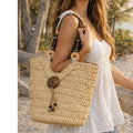 Sun N Sand Straw Tote Bag Woven Beach Handbag Boho Wood Handle Large