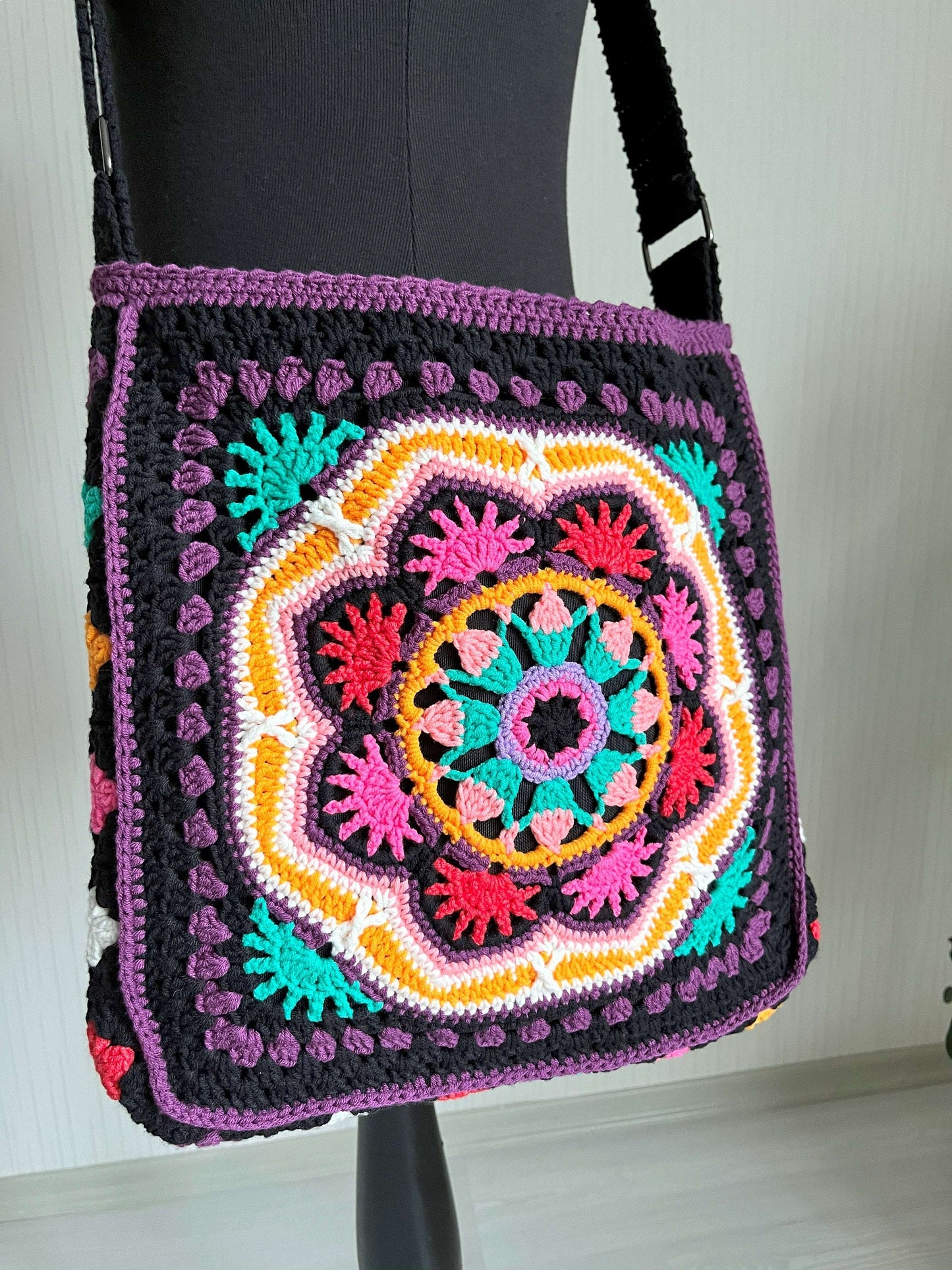 Crochet Crossbody Bag: Black Mandala Patchwork, Boho Hippie Style