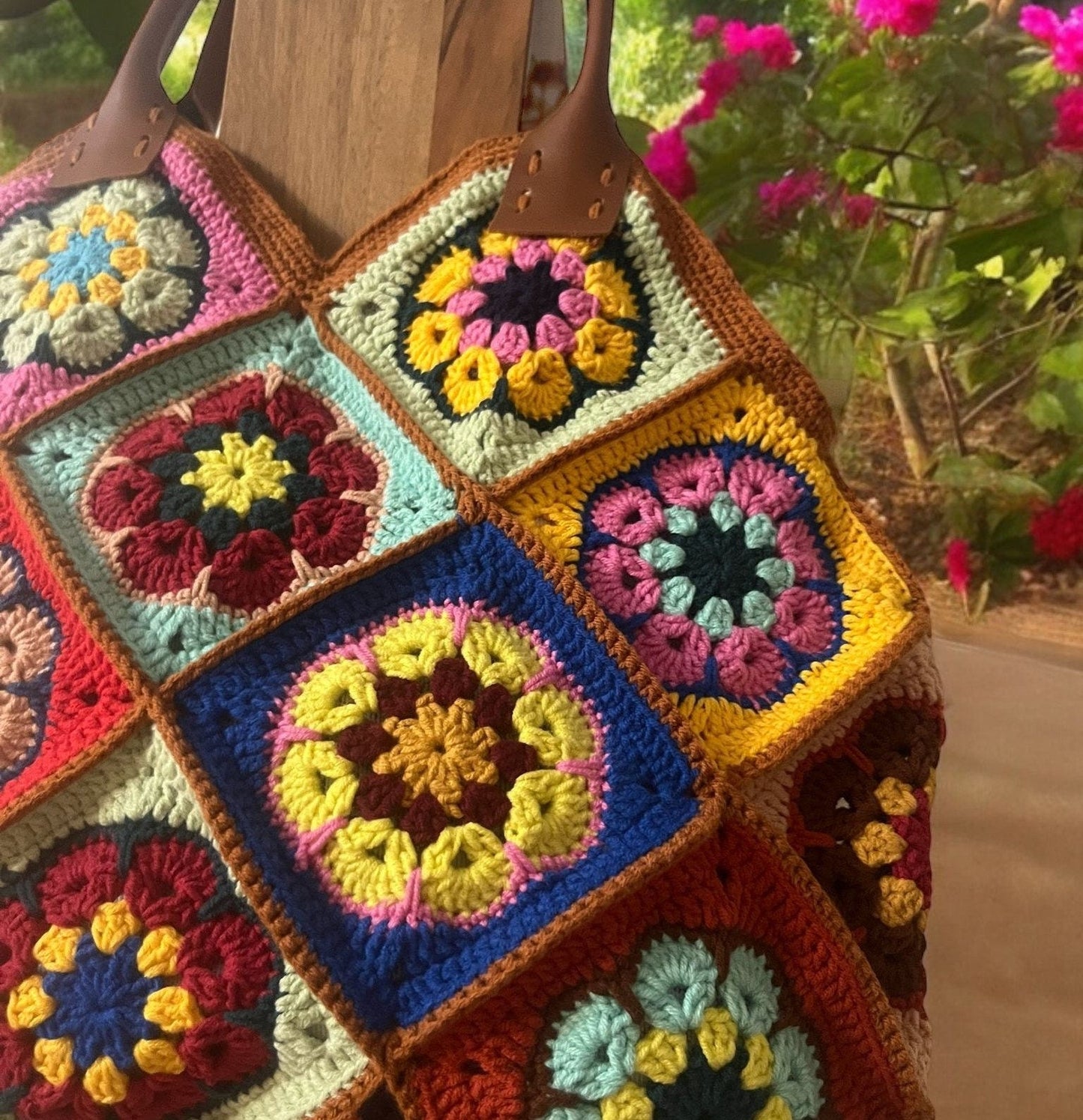 Colorful Crochet Granny Square Bag: Leather Handle Handmade Purse