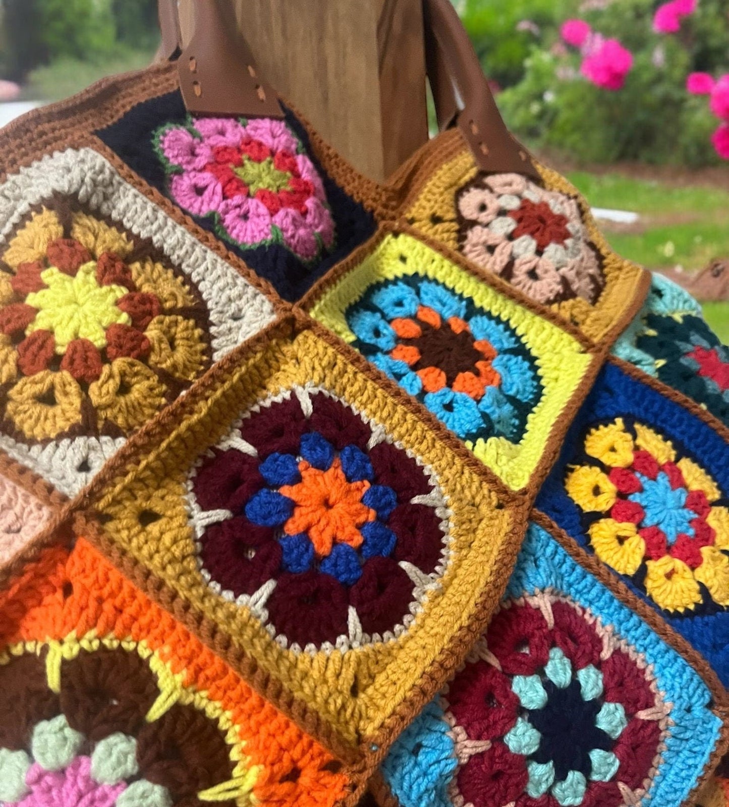 Colorful Crochet Granny Square Bag: Leather Handle Handmade Purse