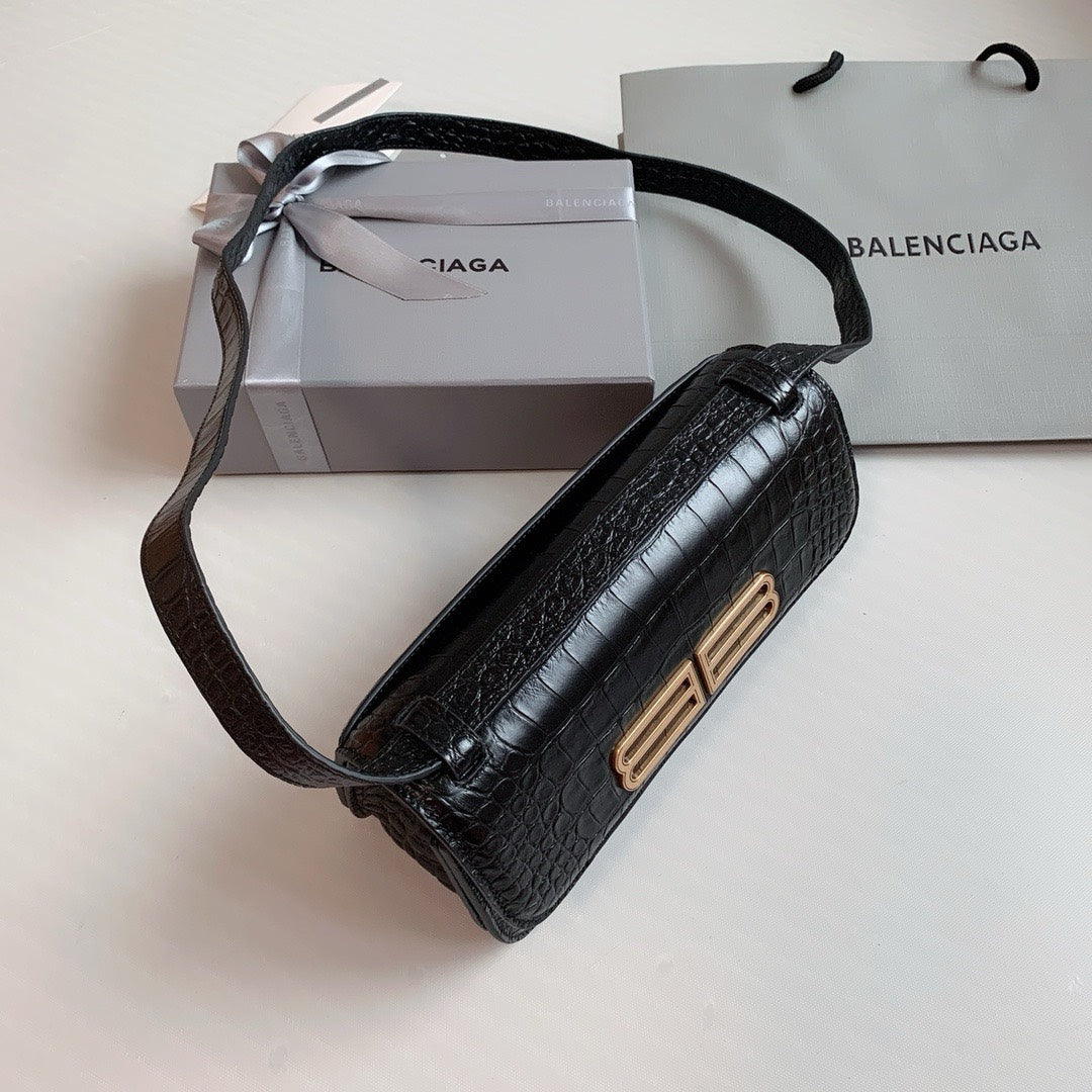Balenciaga Gossip Small Bag Crocodile Embossed in Black Gold Hardware  23 x 12.4 x 10.4cm