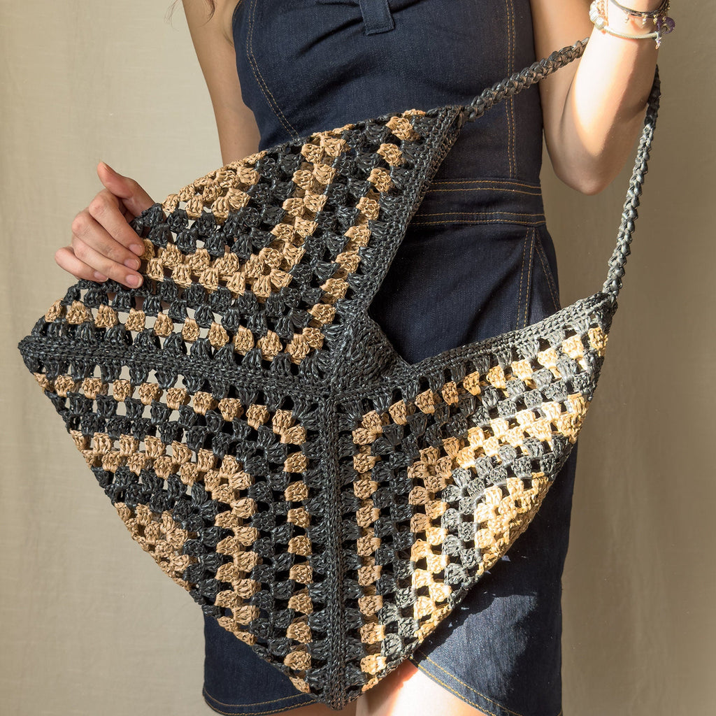Crochet Raffia Tote Bag, Handcrafted Granny Square Bag, Summer Mesh Straw Bag, Boho Beach &amp; Everyday Use, Handmade Gift for Vegans
